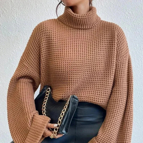 Camel Casual Women's Turtleneck Drop Shoulder Waffle Knit Sweater - Picture 6 of 6